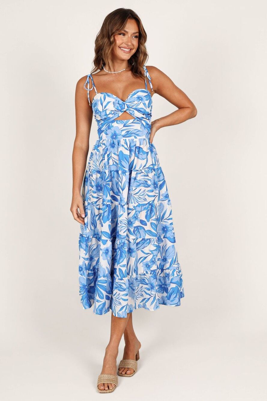 Petal & Pup Womens Blue White Rose Floral Tie Strap Tiered Midi Dress Large NWOT